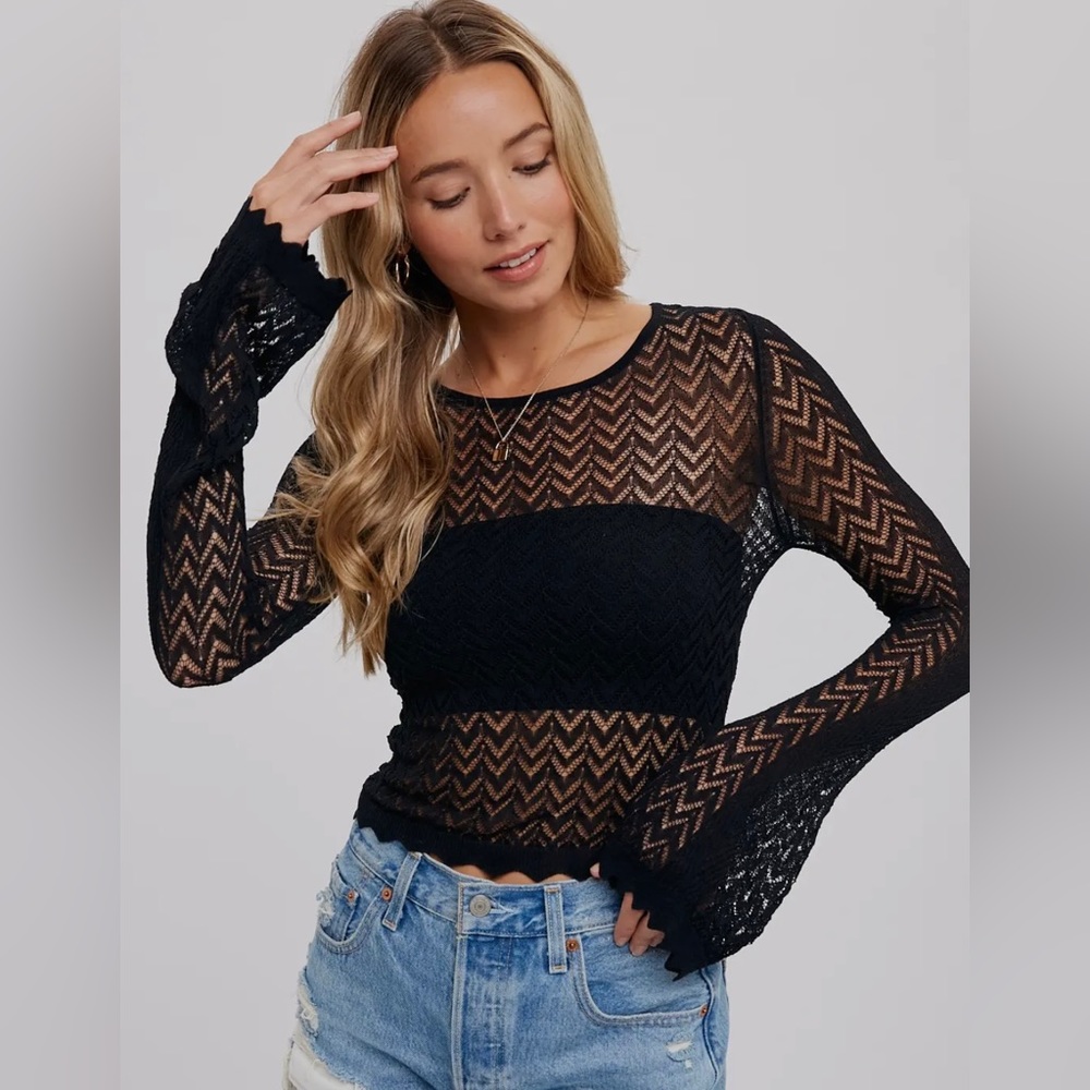 Bell Sleeves Pointelle Pullover Bluivy Black NWT